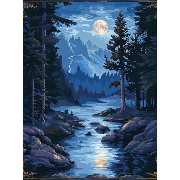 Natural Landscape of River Trees Night Moon DIY 11CT Stamped Cross Stitch Kits for Beginners Easy Needlepoint Embroidery Counted Cross Stitch Art Craft for Wall Decoration 12x16inch(9)
