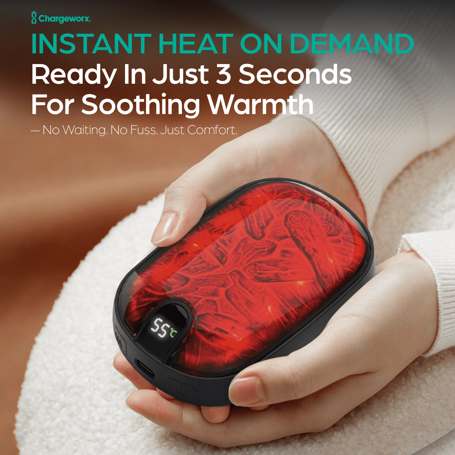 ChargeWorx Rechargeable Hand Warmer, 5000mAh Portable Electric Hand Heater & Power Bank with LCD Display, 5-Hour Warmth, USB Charger for Camping, Hunting, Outdoor Sports, Travel & Cold Weather Relief
