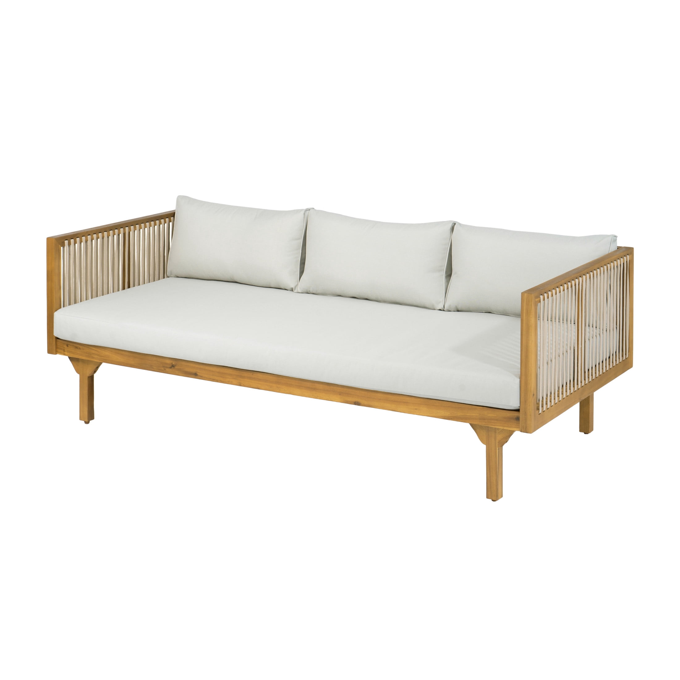 Christopher Knight Home 67.5" Outdoor Patio Acacia Wood Sofa with Light Brown Rope and Light Gray Cushions