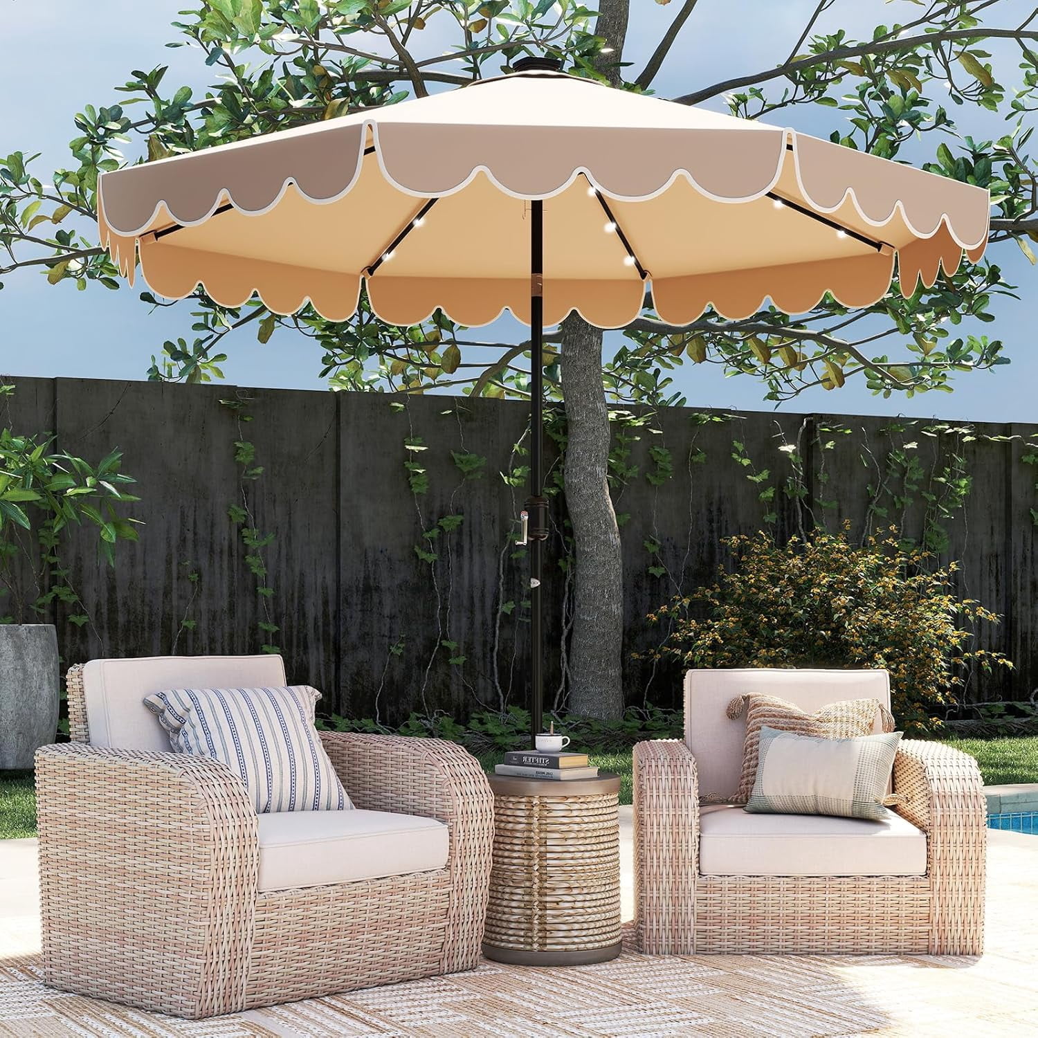 ZYPPP 10FT Solar LED Patio Umbrella, 2-Tiers Scalloped Outdoor Table Market Umbrella with 24 LED Lights, Vented Top, Tilt Adjustment, Crank, 8 Ribs for Backyard Poolside Deck Beach Lawn (Coffee)