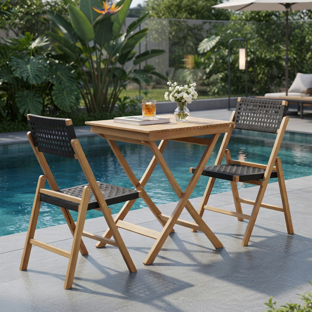 Hommoo 2-Pack Folding Teak Wood Dining Chairs with Woven Rope Seat & Back, Indoor/Outdoor Stackable Patio Chairs for Backyard, Poolside, Camping, Natural+Black