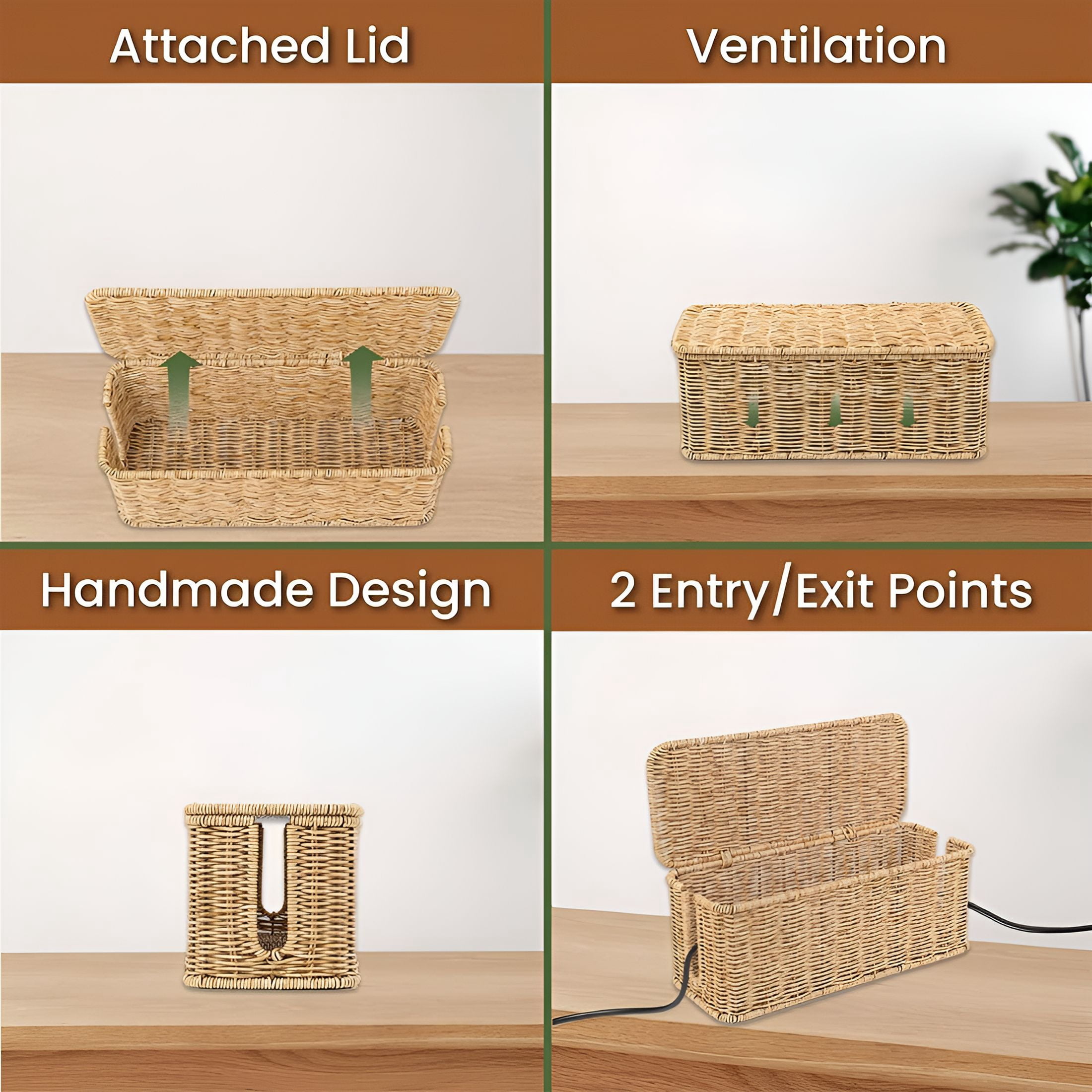 CCOCC Cable Management Box,Handmade Rattan Cable Organizer with 2 Open Slots,Cord Hider for Power Strip,Router & USB Hub,13" x 5.1" x 5.1",Natural