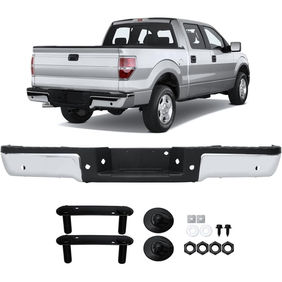 HOUGEET Rear Bumper Replacement Fit for Ford F-150 2009-2014 with Parking Sensor Holes – Heavy Duty Steel Chrome Direct Rear Bumper for OEM FO1103166