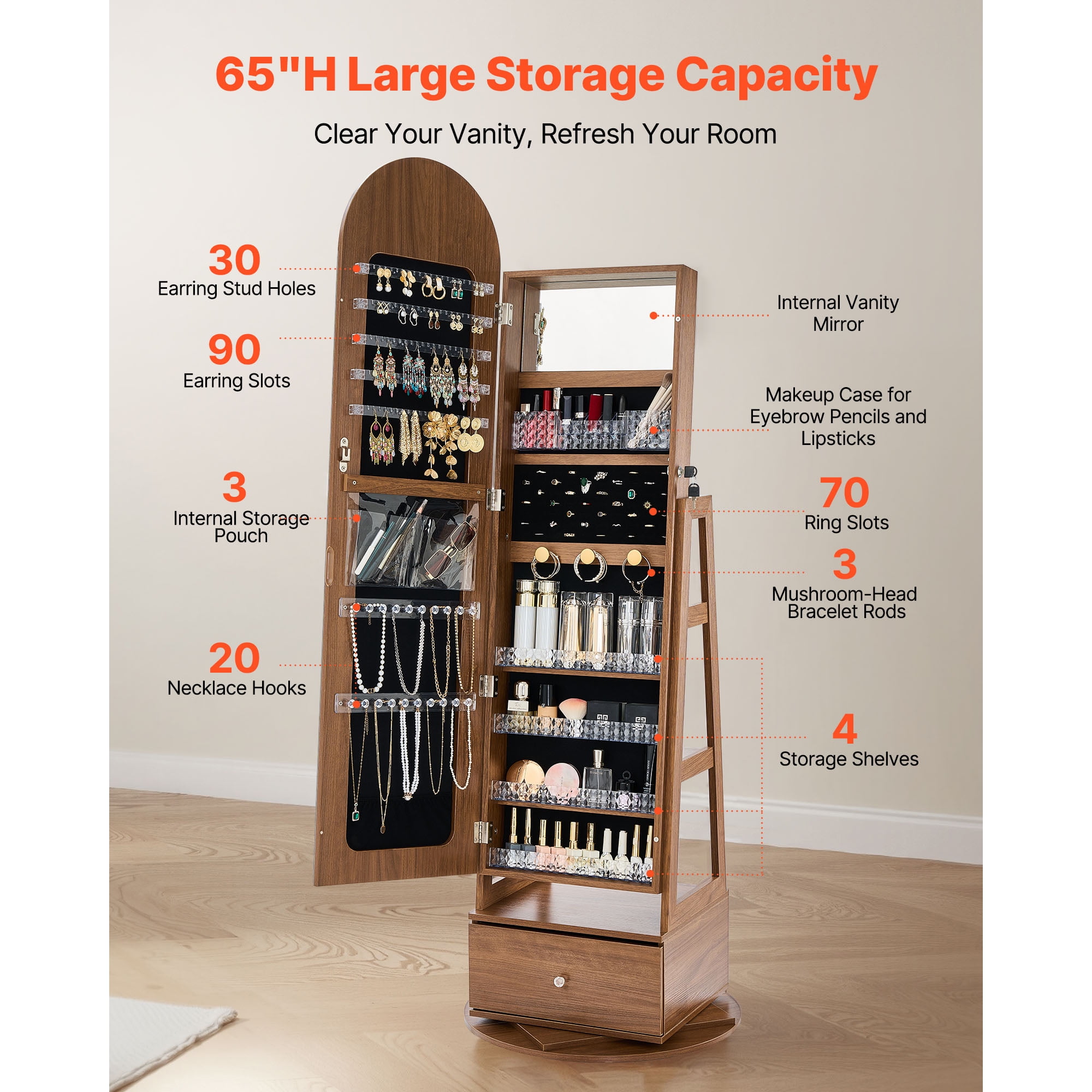 KFFKFF 360° Rotating Jewelry Cabinet, 65.1-inch Tall, Full-Length Mirror with Storage, Freestanding Jewelry Organizer, Lockable with Keys, Accessory Compartments, Shelves, and Drawer