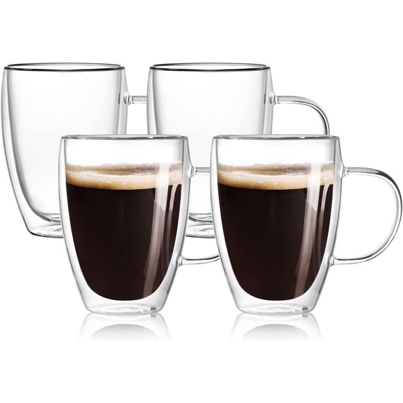 Taza para Cafe Doble pared Vidrio 350 ml (4 Piezas),Tazas para Cafe Espresso con Asa,Vasos pared Vidrio Transparentes para Capuchino,Café Expreso,Té,Ideales para Regalo