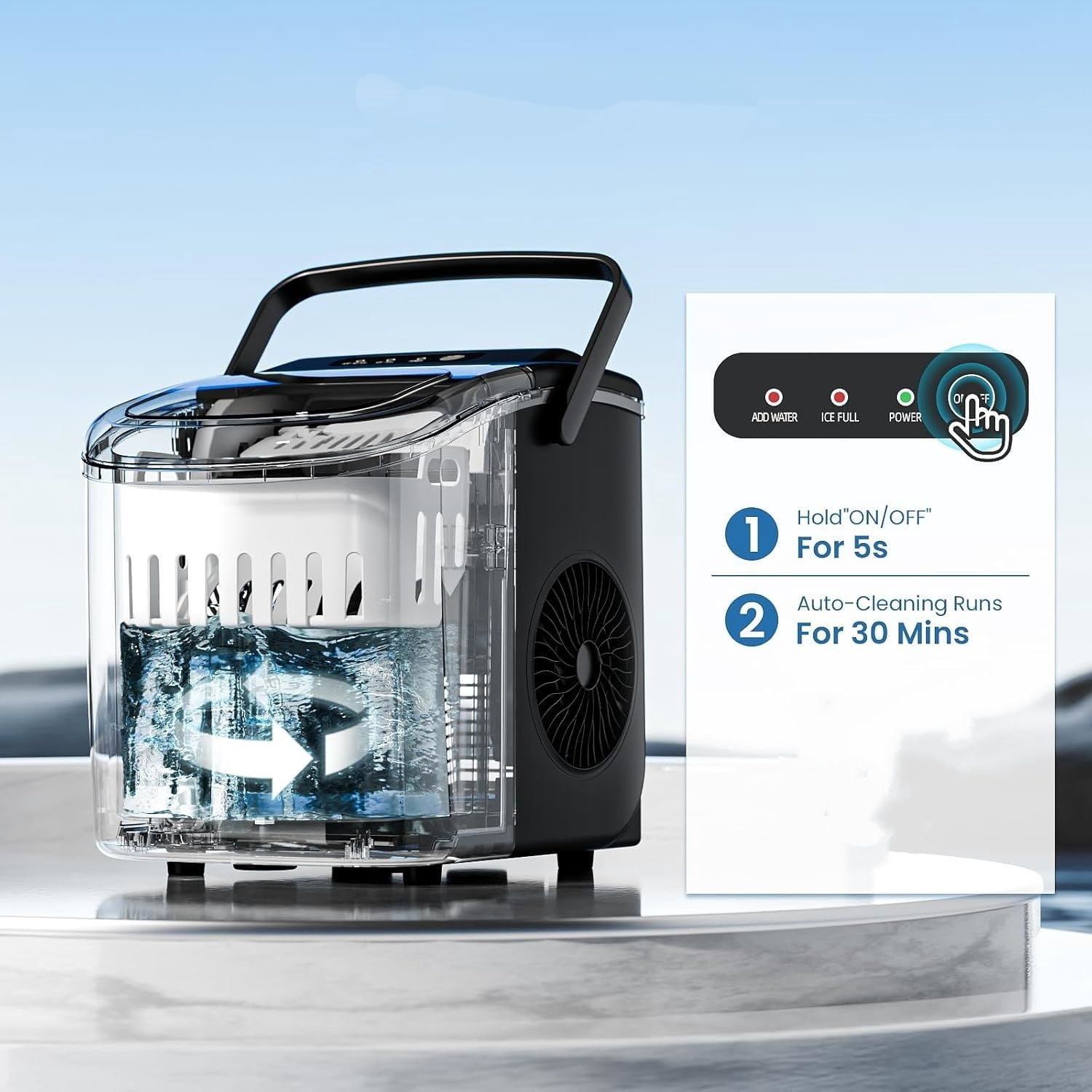 Ice Makers Countertop with Auto-Cleaning, 9 Bullet Ice Cubes in 6 Mins, 26lbs/Day, Portable Ice Machine with Handle, Basket and Scoop for Home, Kitchen, Office, Party