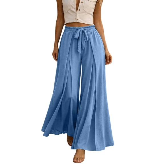 TEAJOPSUU Womens Pleated Wide Leg Palazzo Maxi Pants Flowy High Waist Elastic Elatic Drawstring Culottes Pants Dressy Daily Everyday Vacation Trousers Blue