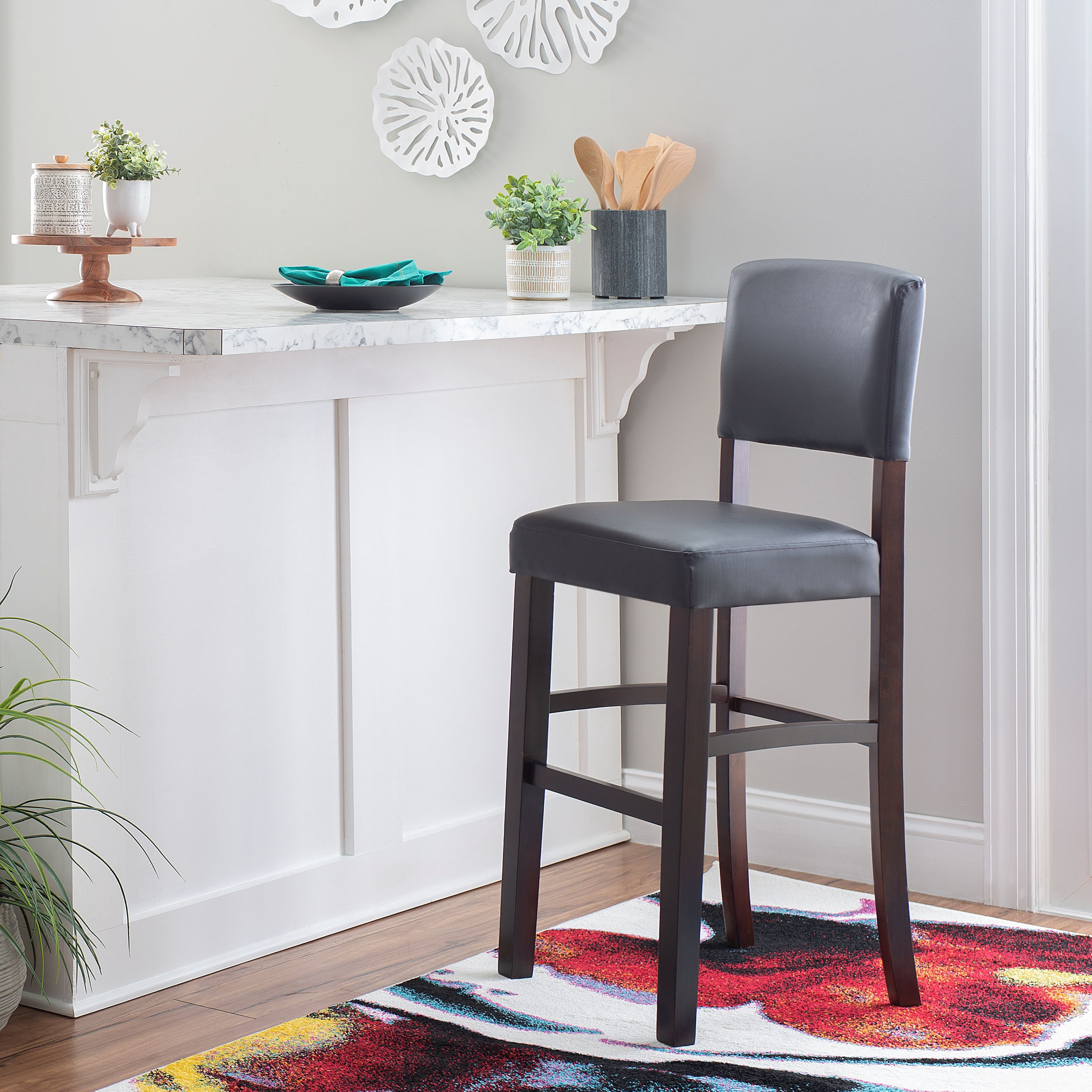 Linon Metairie 30" Indoor Wood Bar Stool, Espresso/Dark Brown Faux Leather