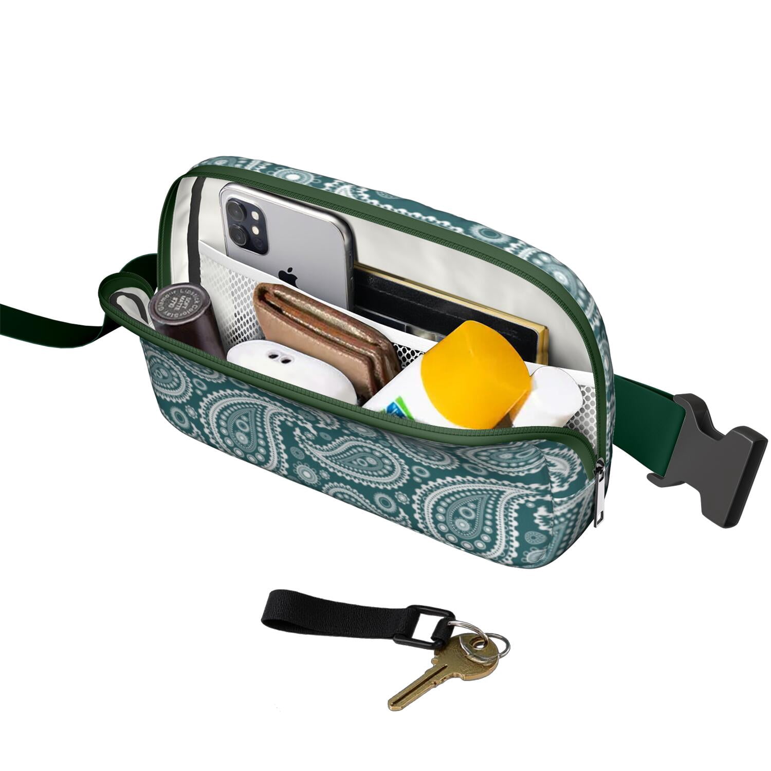 Mini Fanny Pack Paisley Green Belt Bag for Women, Fashionable Waterproof Waist Pack with Adjustable Strap for Workout Running Traveling Hiking Cycling