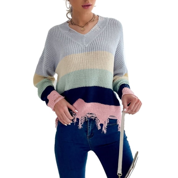 Frayed Hem Rainbow Knit Sweater Blue Medium