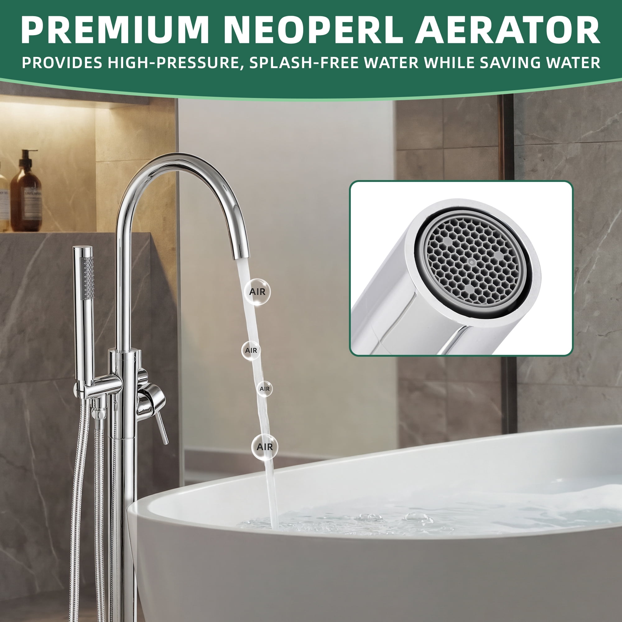 Free Standing Tub Faucet, High Flow Freestanding Bathtub Faucet with Handheld Shower & Gooseneck Spout, 360°Swivel Tub Filler, Brass Body, Chrome