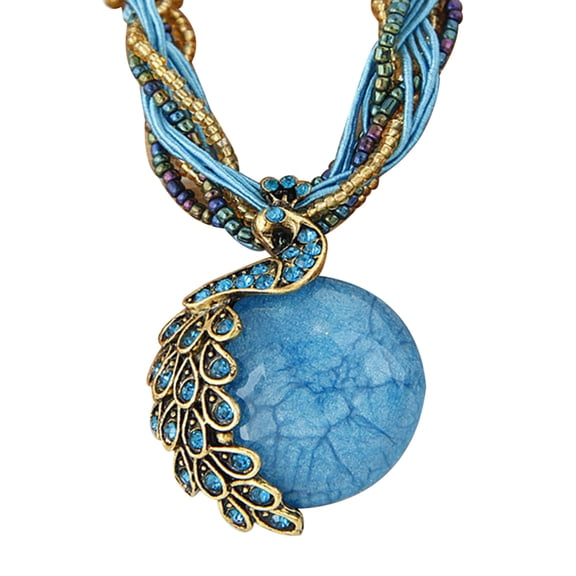 UDIYO Bohemian Women Rhinestone Inlaid Peacock Round Faux Opal Pendant Necklace Gift