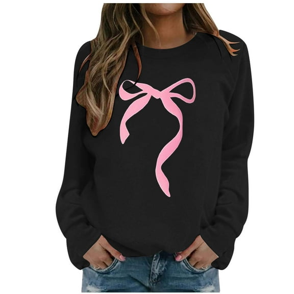 Women Sweatshirts Pullover Tops Shirts Round Neck Cute Bow Printed Long Sleeved Pullover Hoodless Loose Fit Tops Casual Fall Outfits Clothes Black-L