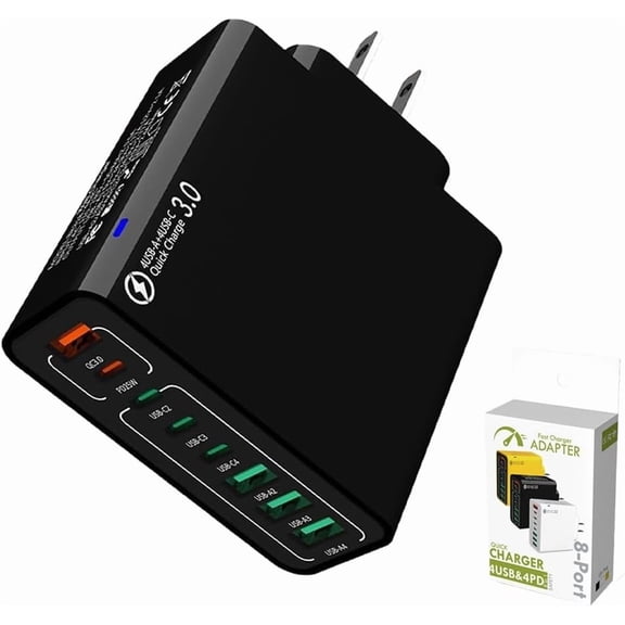 8-in-1 Waterproof USB Fast Charger, Smart Travel Phone Charging Station, equipped with 4 Type-C ports and 4 USB ports, suitable for home, office, and travel.