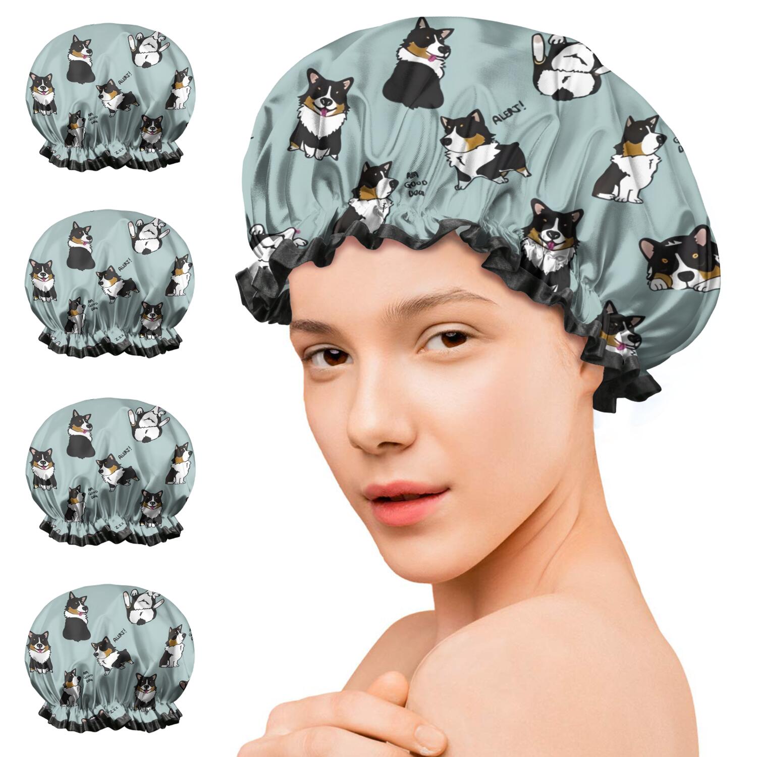 Shower Caps,Black Corgi Waterproof Shower Cap for Women 4 Pieces,Double Reusable Hair Cover for Shower PEVA Elastic Stretch Hem