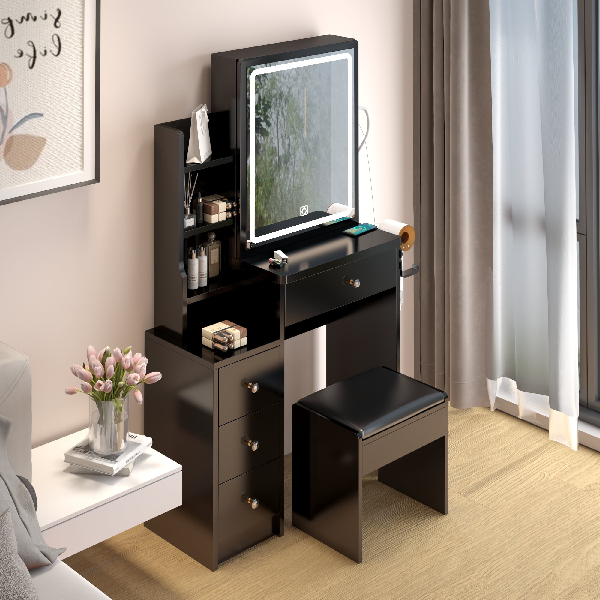 Kadyn Dresser Small Space Left Bedside Cabinet Vanity Table,Black Kadyn Dresser Small Space Left Bedside Cabinet Vanity Table,Black