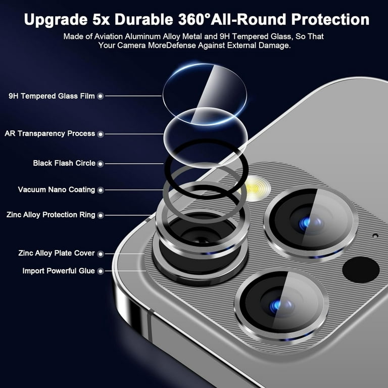 QHOHQ 3 Pack Camera Lens Protector for iPhone 15 Pro Max/iPhone 15 Pro,  Zinc Alloy One Piece Camera Cover, [Updated Version], Full Coverage