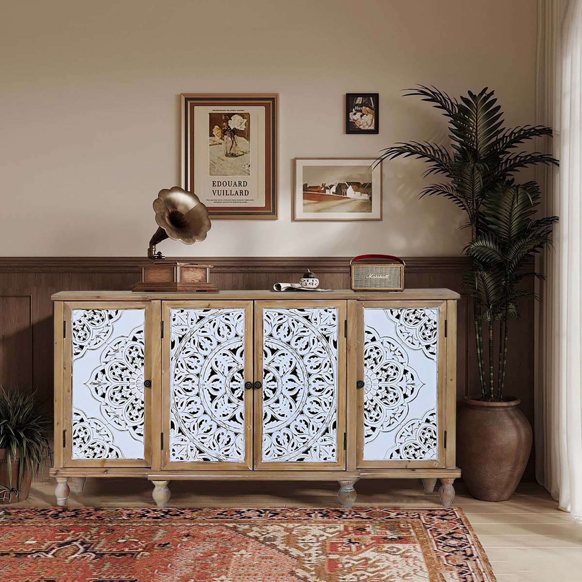 4-Door Hollow-Carved Accent Cabinet, Distressed Wood Storage Cabinet Cupboard with Adjustable Shelves, for Kitchen, Dining Room, Living Room, Entryway, Natural wood