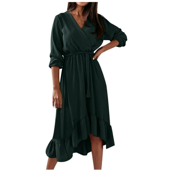 Fesfesfes Women Dress Spring And Fall V-Neck Solid Color Long-Sleeved Temperament Lace-Up Waist Slim Fit Ruffles Skirt Dress