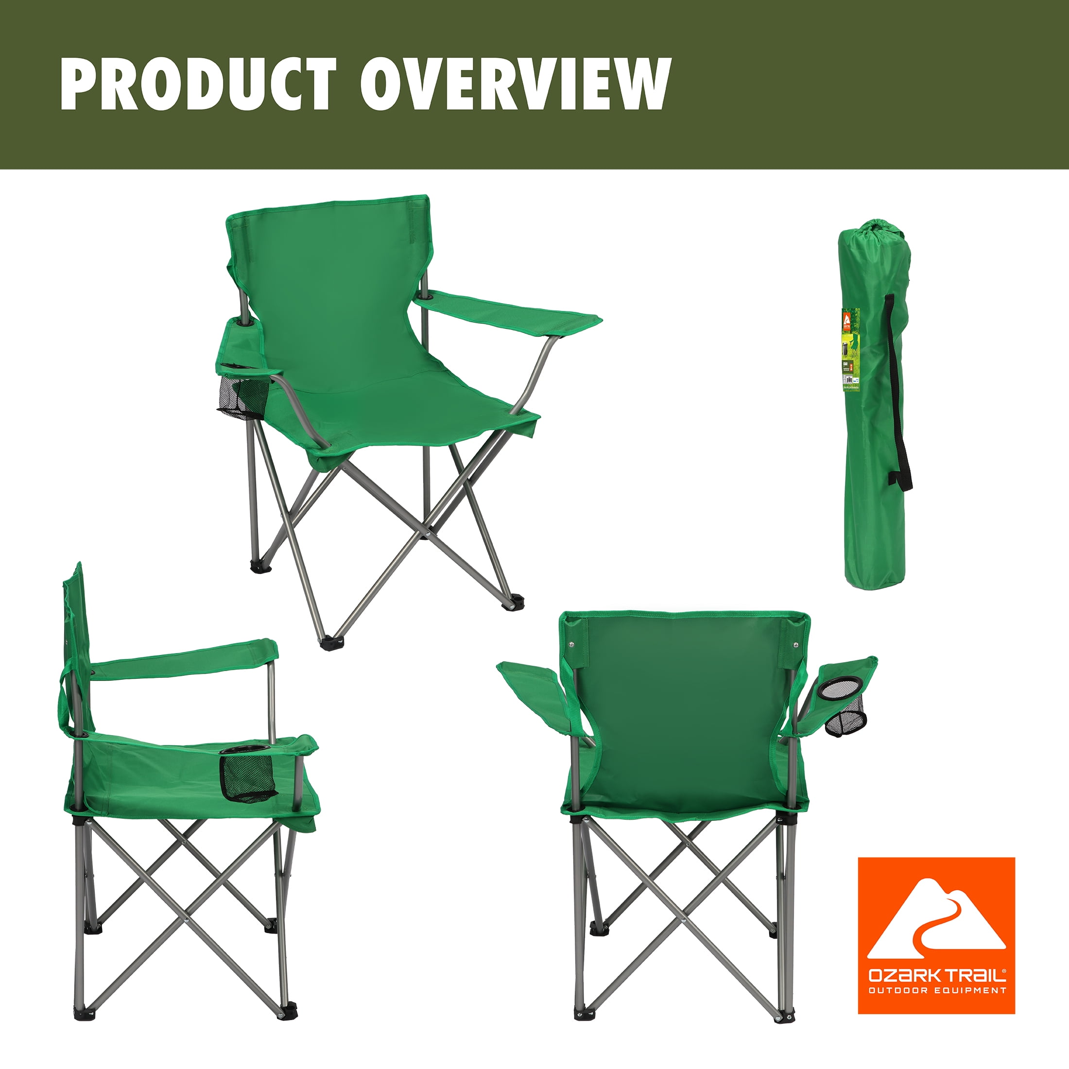 Ozark Trail Quad Folding Camp Chair with Cup Holder, Bright Green