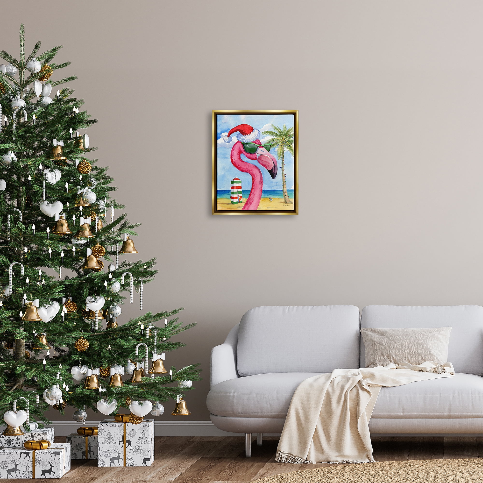 Stupell Industries Flamingo Tropical Christmas Holiday Painting Gold Floater Framed Art Print Wall Art, 17 x 21