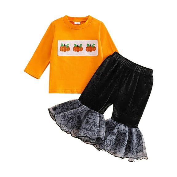 Caqnni Baby Girl Fall Outfit Toddler Girl Winter Clothes Baby Lantern Sleeve Top and Flared Pant 2-Piece Waffle Clothing Set Fall Winter Outfit Pajamas & Dailywear Set（Orange，9-12 Months）