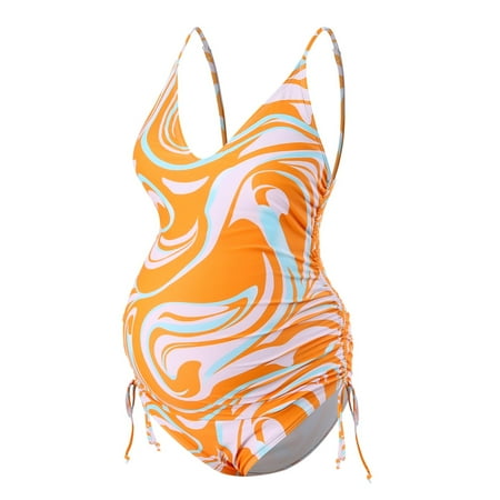 BOBOGOJP Maternity Swimsuit V-Neck One Piece Maternity Monokini Bathing Suit Pregnany Swimwear Yellow S