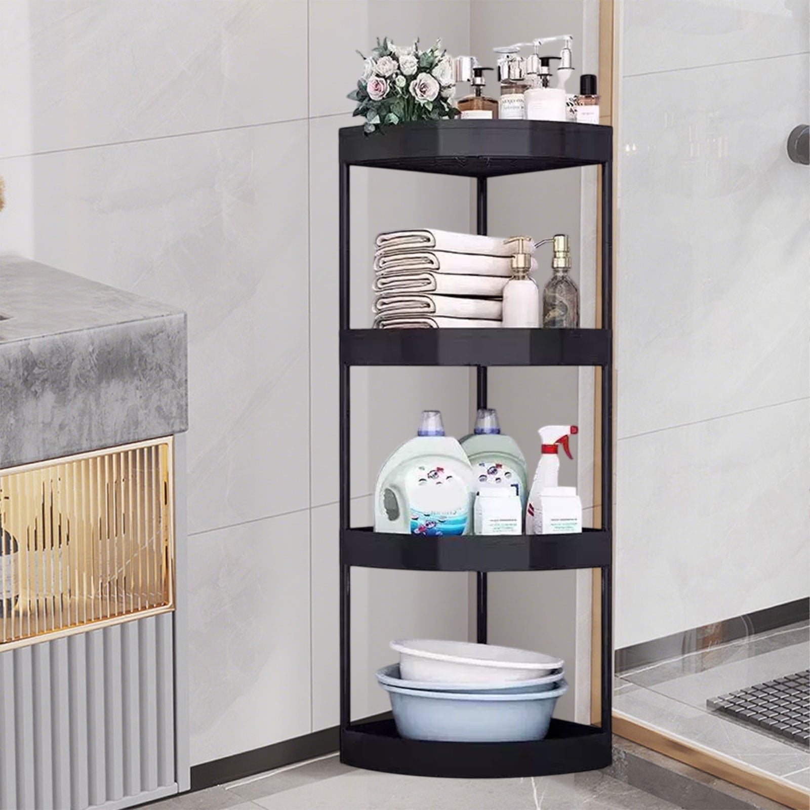 AYktou 4-Tier Corner Shelf, Large Capacity Bathroom Organizers and Storage, Toilet Storage Rack Bathroom Shelves Living Room Shelf Snack Rack Kitchen Organizers for Bottles Sundry Cosmetics, Black