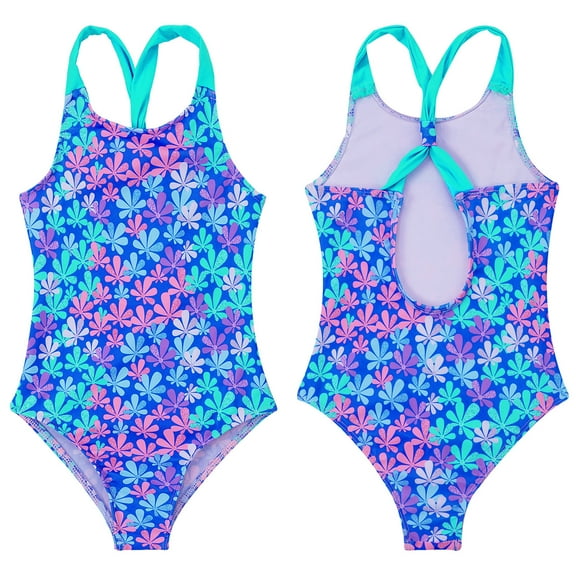 renvena Kids Girls One Piece Swimsuits Hawaiian Swimwear Beach Bathing Suit Crossback Monokini Size 4-16 A Colorful Floral Blue 8