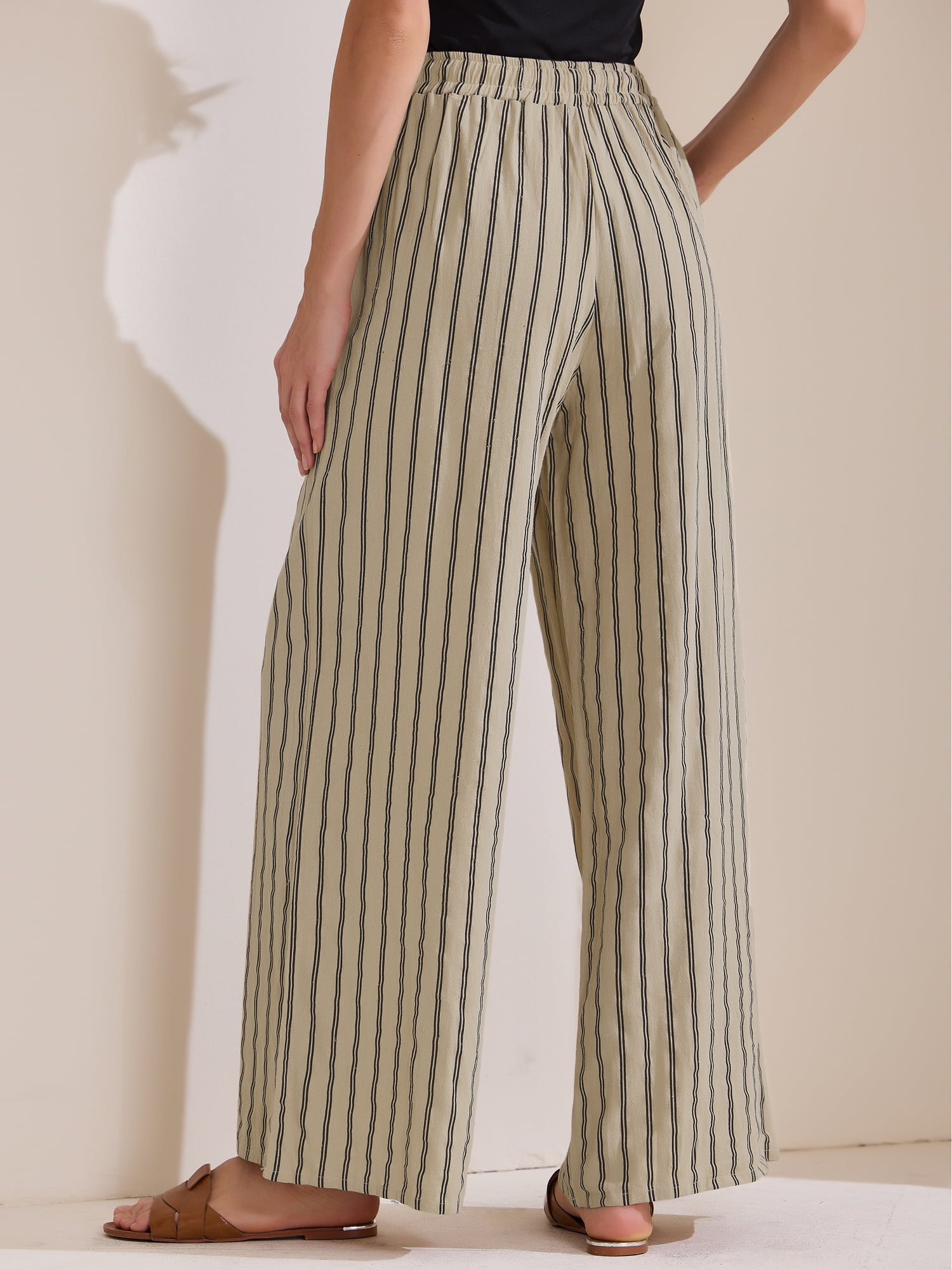 DARING DIVA Women's Stripe Casual Drawstring Wide Leg High Waist Pants M Camel