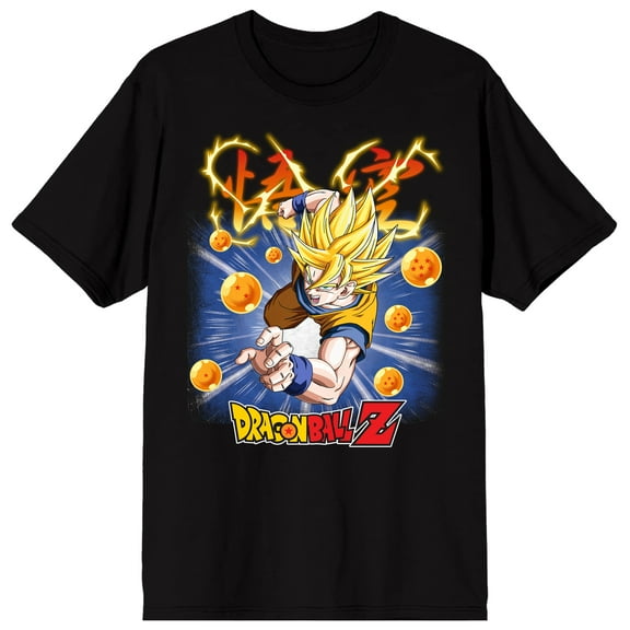 Dragon Ball Z Super Saiyan Goku Seven Dragon Balls Kanji Text with Aura Logo Speeding Background on Black Short Sleeve Adult T-Shirt-XS