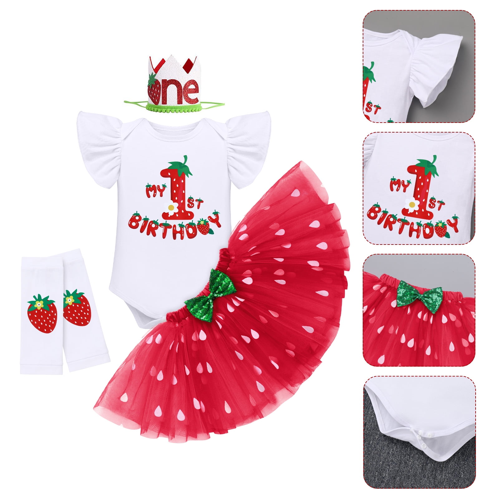 IBTOM CASTLE Baby Girls Strawberry 1/2 1st 2nd 3rd Birthday Outfit Romper Tutu Skirt Headband Leg Warmers for Cake Smash Photo Shoot 1 Year Red Strawberry - 1st Birthday