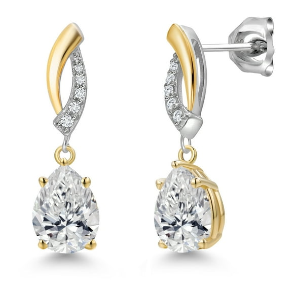 Gem Stone King 2.10 Cttw IGI Certified Lab Grown Diamond Dangle Earrings for Women in 925 Silver and 10K Yellow Gold | 2 Ct Pear Shape | E-F Color | VS1-VS2 Clarity