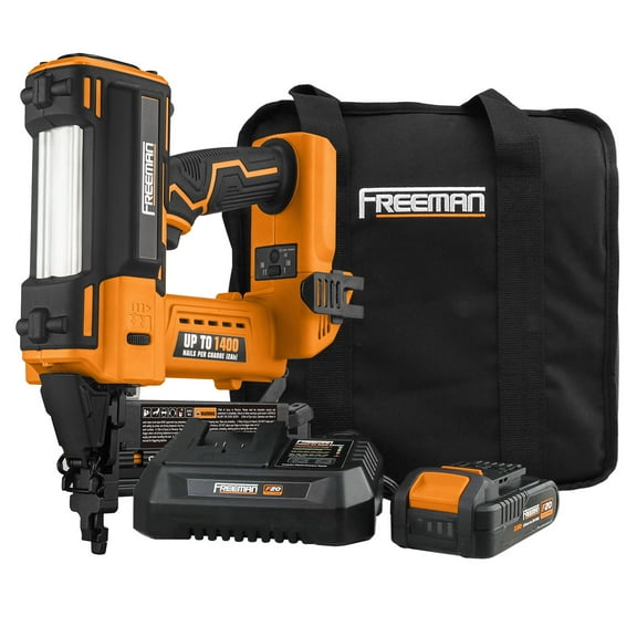 Freeman PE20V2118G2 20 Volt Cordless 2-in-1 18-Gauge Nailer / Stapler Kit with Lithium Ion Battery, Charger, Bag, and Fasteners (400 Count) – 1400 Shots per Charge