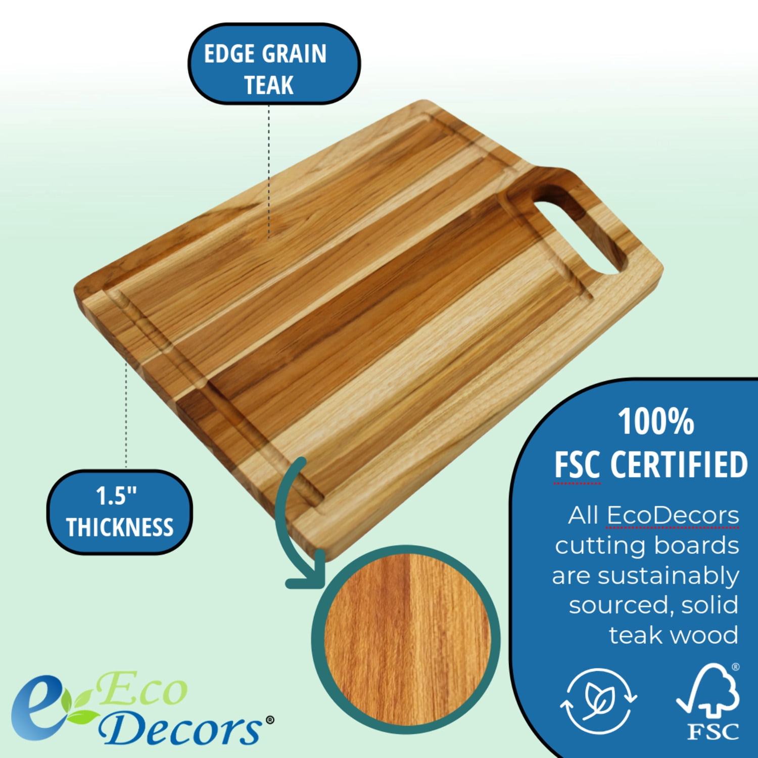 EcoDecors 3 Piece Teak Wood Cutting Board Set with Juice Groove  Handle