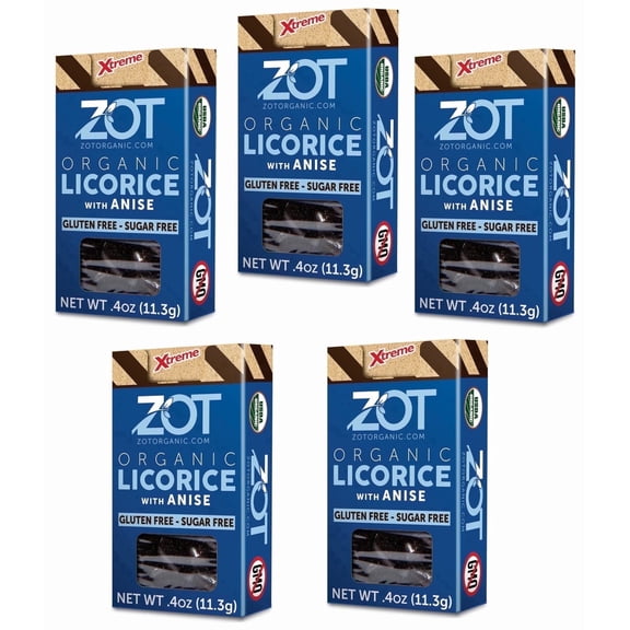 ZOT Organic Licorice extract with Anise flavor, Small Hard Bits, Bold Licorice Treat, Sugar-Free, Gluten-Free, 0.4 oz flip-top box, Set of 5