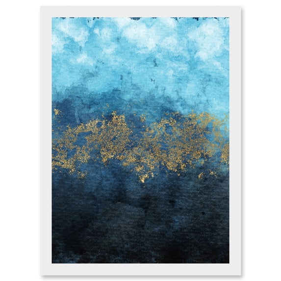 Abstract Blue And Gold Watercolour Modern Artwork Framed Wall Art Print A4