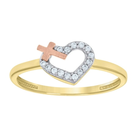 10kt 10k Tri-Color Gold Womens Cubic-Zirconia Cross Heart Ring