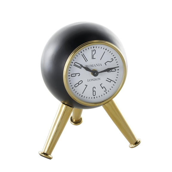 DecMode 9" Black Aluminum Metal Orb Clock with White Clockface and Gold Tripod Legs