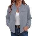 thumbnail image 2 of IUYRTFE Women's Stand Collar Snap Button Bomber Jacket Long Sleeve Casual Winter Coat with Pockets, 2 of 6
