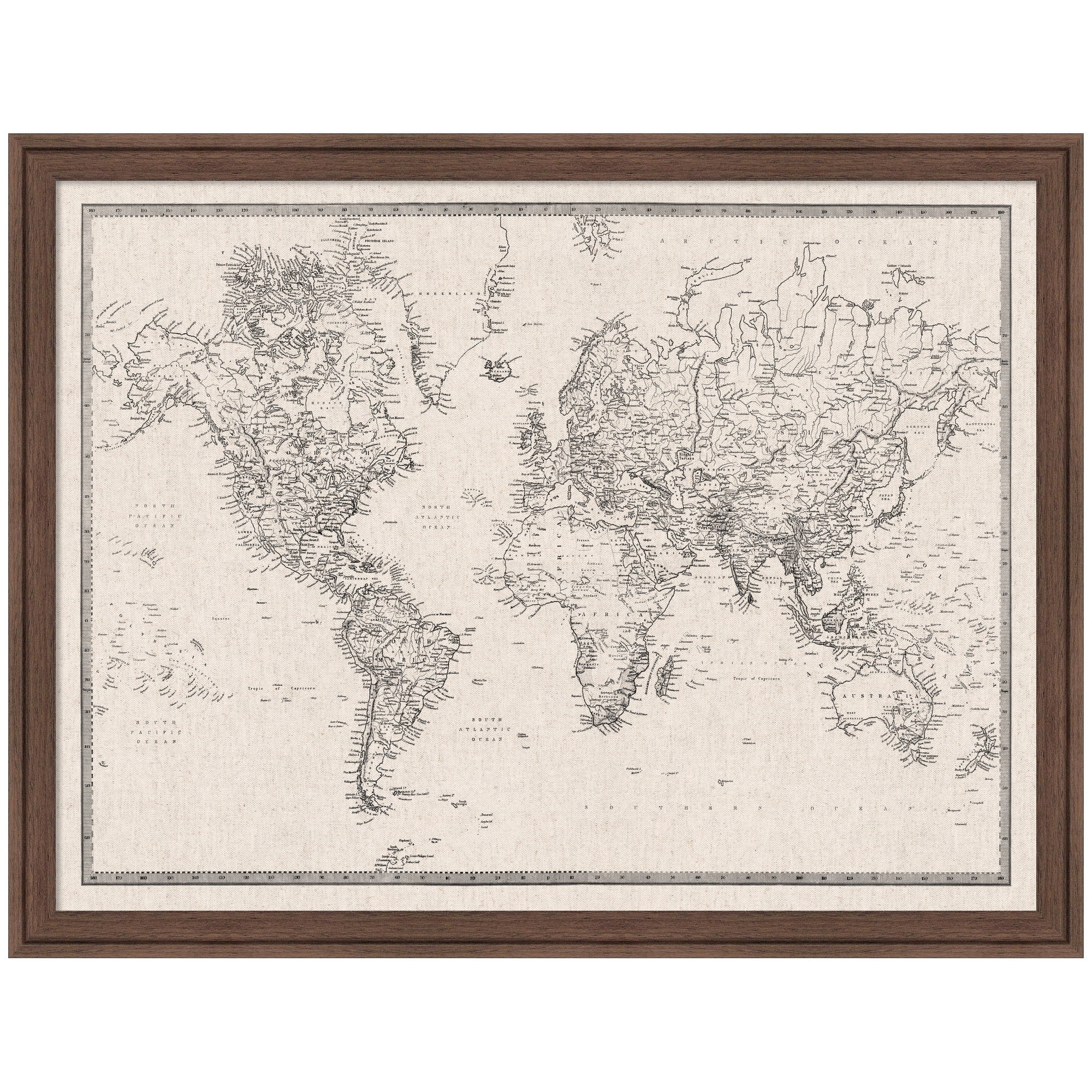Kate and Laurel Framed Fabric Pinboard 26 x 20, Vintage Black and White Linen World Map Printed Linen Classic Bulletin Board for Use as Wall Organization, Florence Medium Brown Frame