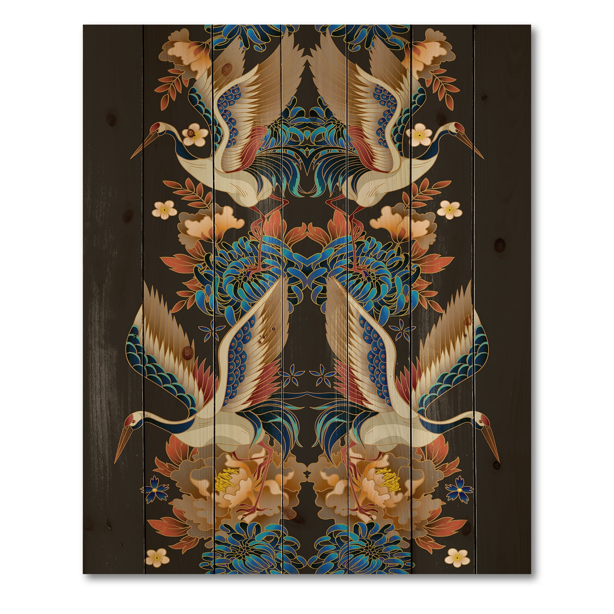 Designart 'Chinoiserie With Peonies and Birds IX' Traditional Print on Natural Pine Wood