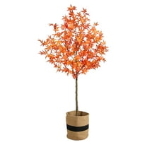 Nearly Natural 6ft. Artificial Autumn Maple Tree with Handmade Jute & Cotton Basket, Orange