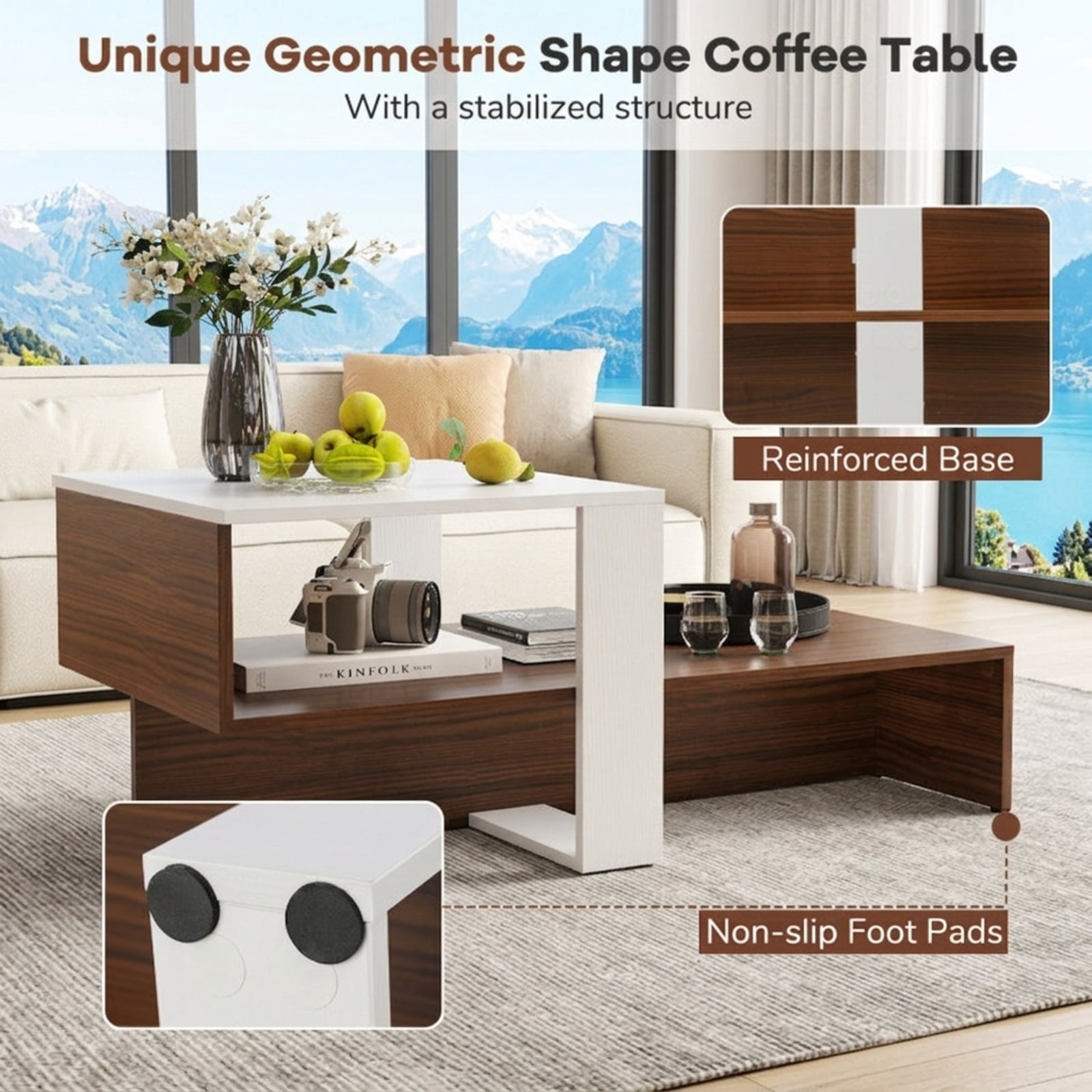 Furnibear 2 Tier Geometric Coffee Table with Storage Shelves a Compact Living Room Center Table for Small Spaces for Home and Living Space, White