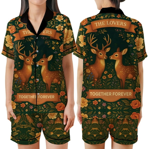 Deer Couple Satin Pajama Set, Cozy Nature Lovers Sleepwear, Floral Forest Print Nightwear, Romantic Anniversary - Valentine - Chirstmas Gift for Couples