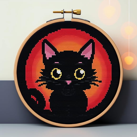 Cartoon Black Cat DIY Stamped Cross Stitch Kits for Beginners Easy with Hoop 11CT Needlepoint Embroidery Counted Cross Stitch Kits Art Craft Wall Decoration 35x35cm(1)