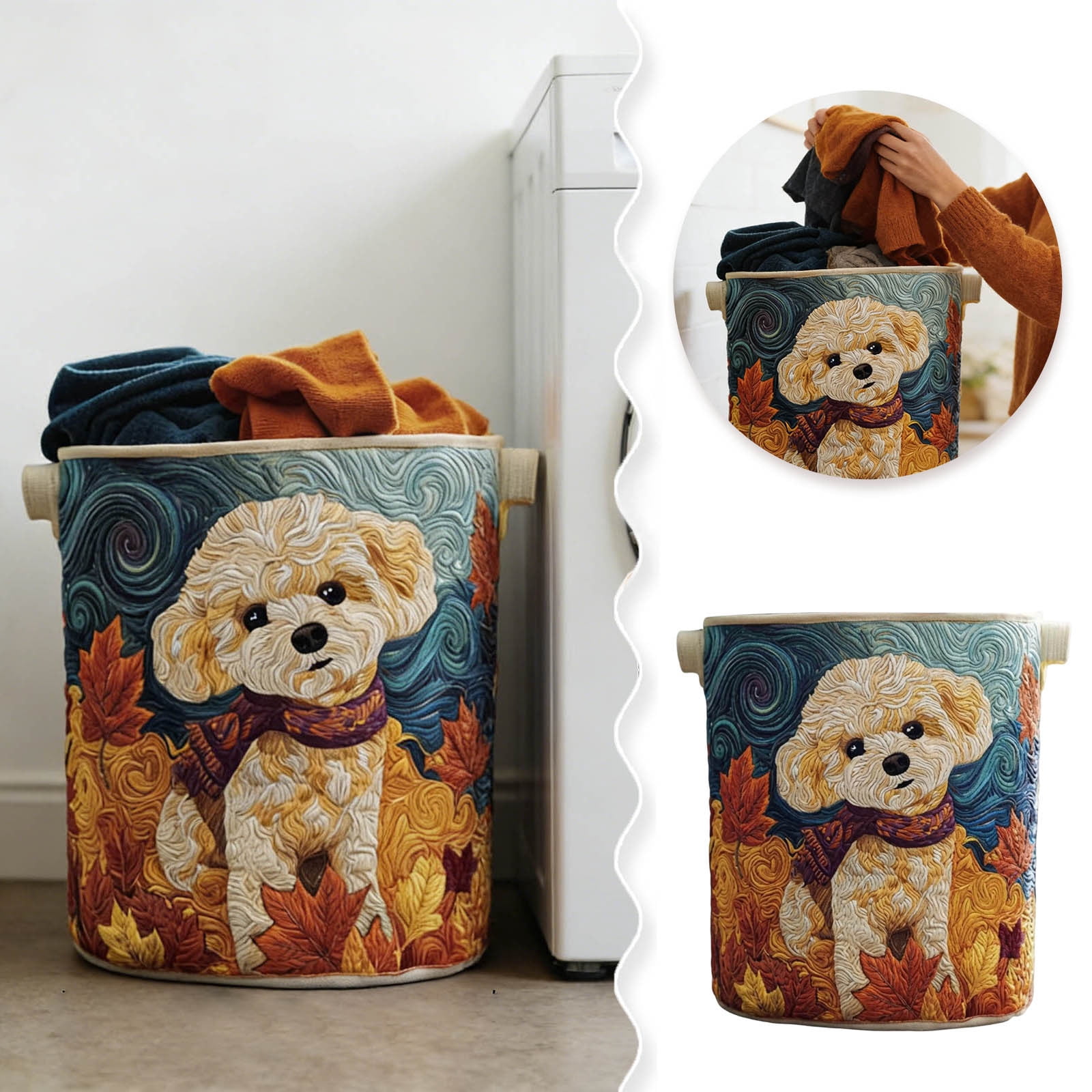 Quilted Laundry Basket with Handles, Boho Floral Fabric Storage Hamper, Large Soft Quilted Laundry Basket for Bedroom, Laundry Room,Clothes & Toys (Dog Paw Pattern)
