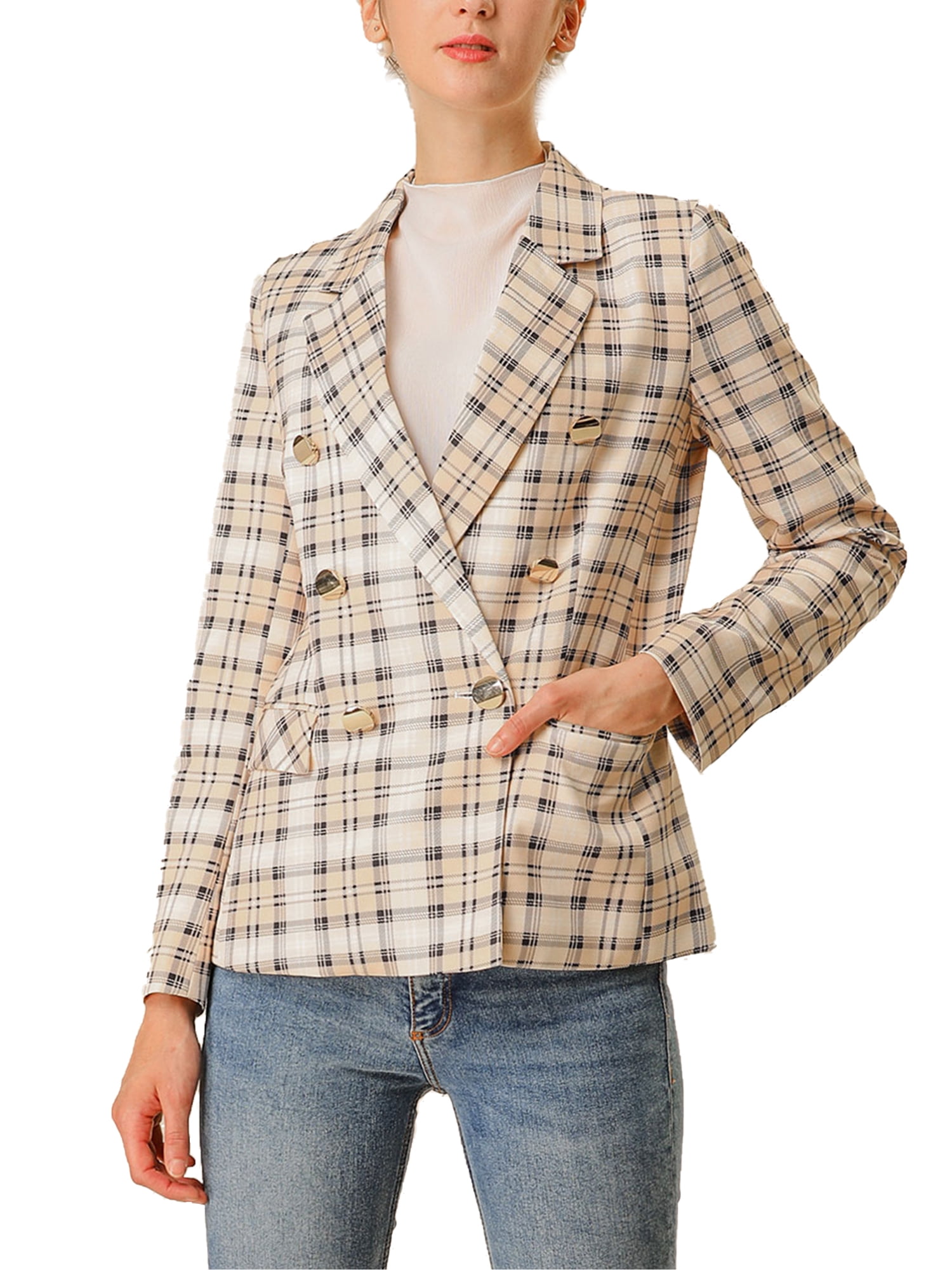 Unique Bargains Women's Notched Lapel Double Breasted Plaid Blazer with Pocket