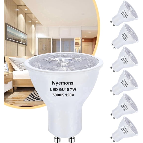 Ivyemons 6-Pack GU10 MR16 LED Bulbs – 7W (50W Equiv) Dimmable, 5000K Daylight for Recessed Track Lighting