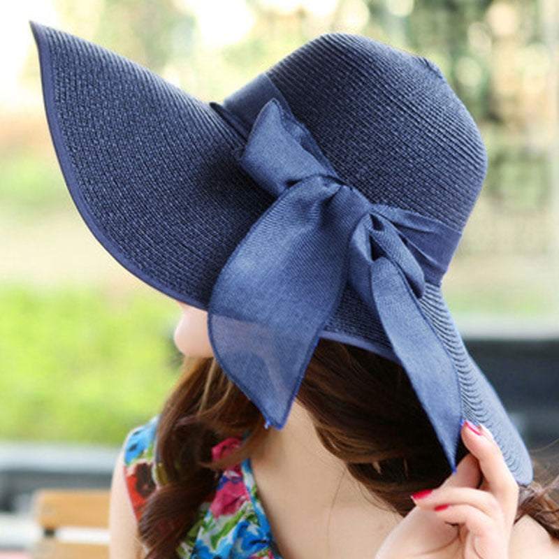 Women Wide Brim Straw Sunbonnet Foldable Summer Beach Hat with Light Blue Bowknot